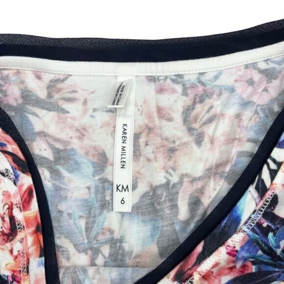 KAREN MILLEN Short Sleeve Floral Print T-Shirt Sz 6 High Low Hem - Picture 3 of 4